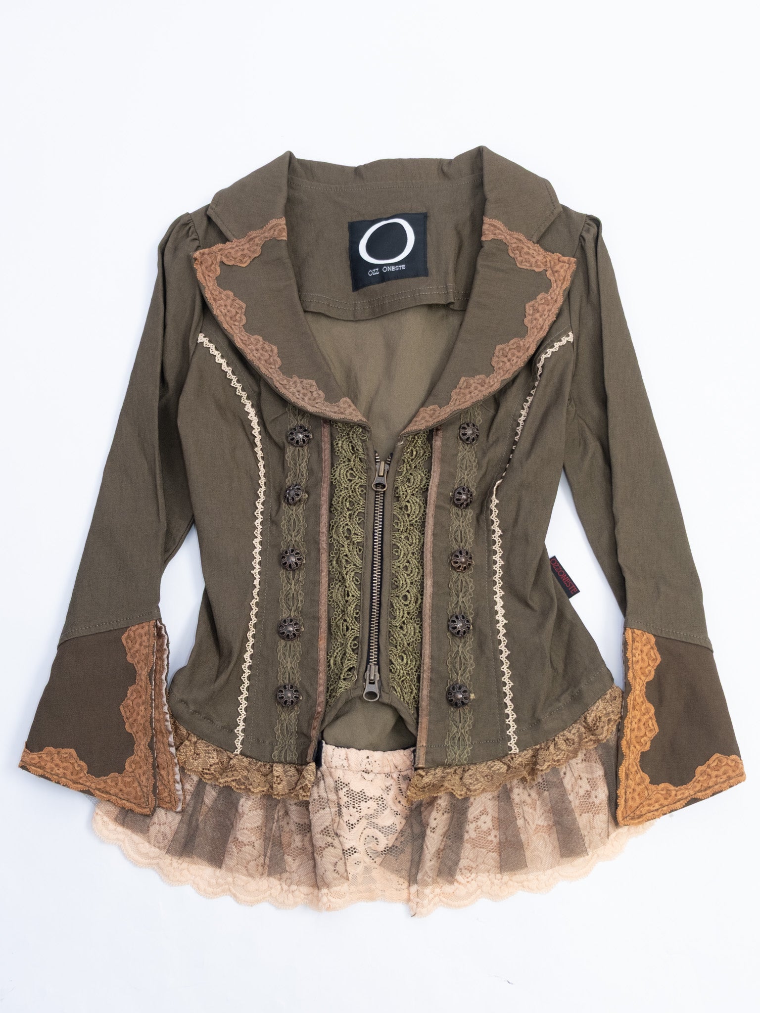 Ozz Japan Olive Lace Trim Corset Zip Jacket with Bell Sleeves and