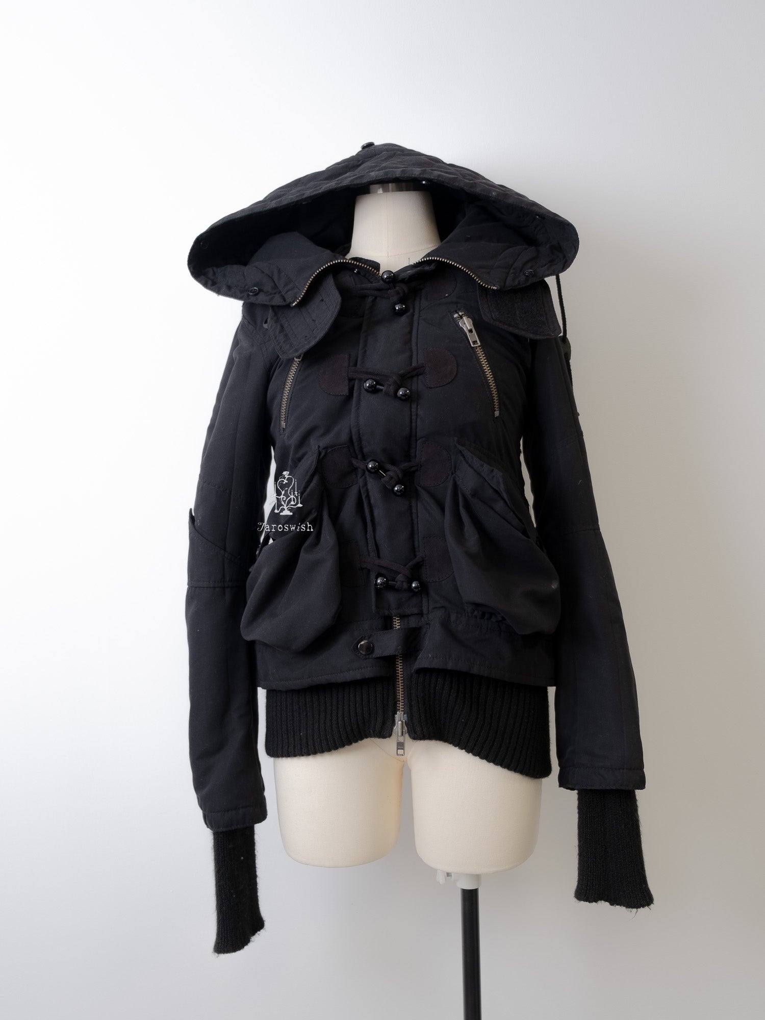 BLACK HOODED TOGGLE UTILITY JACKET GOTHIC JACKET GRUNGE JACKET