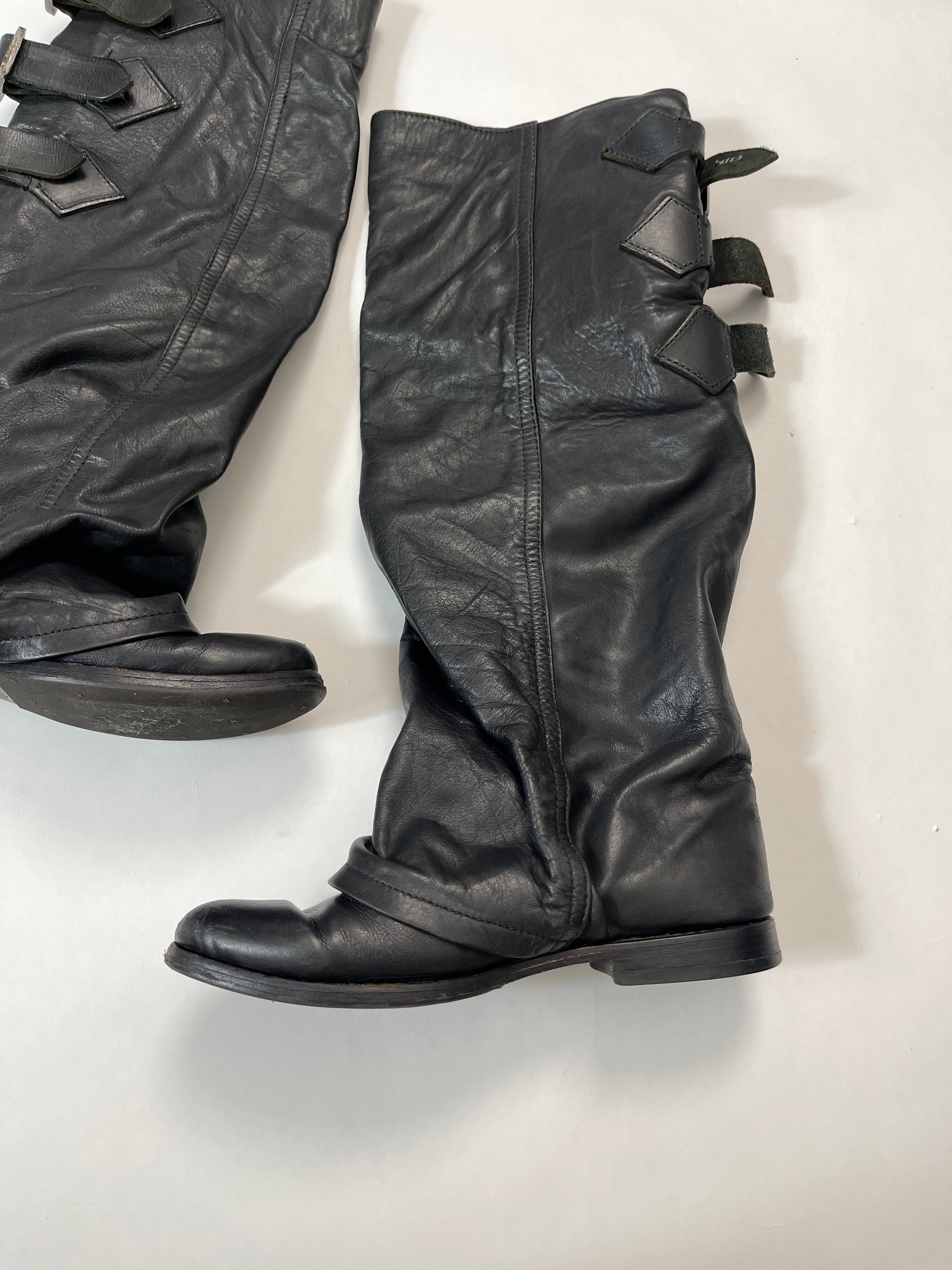 Zucca Genuine Leather Triple Belts Slouch Boots in Black Size S