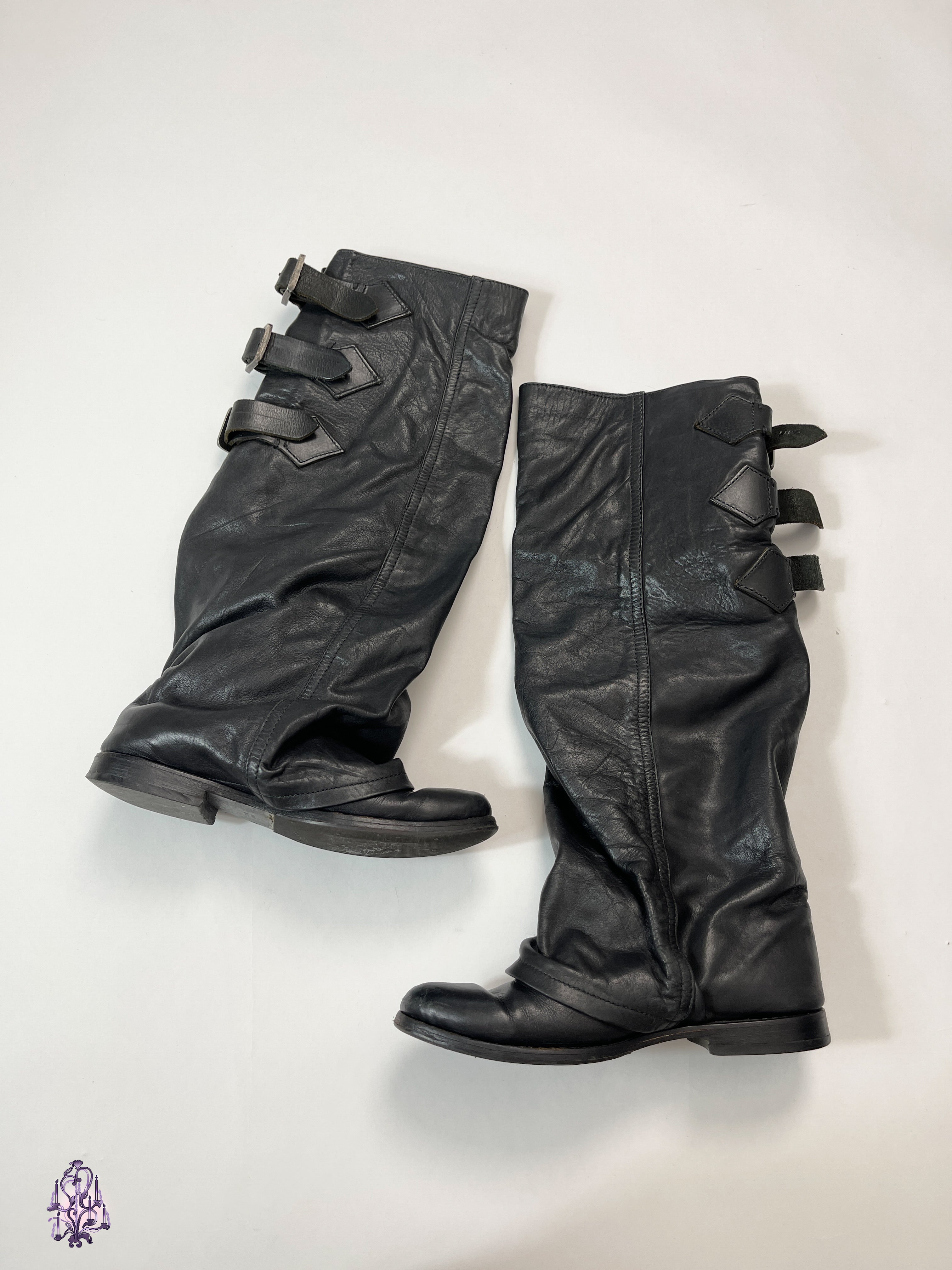 Zucca Genuine Leather Triple Belts Slouch Boots in Black Size S