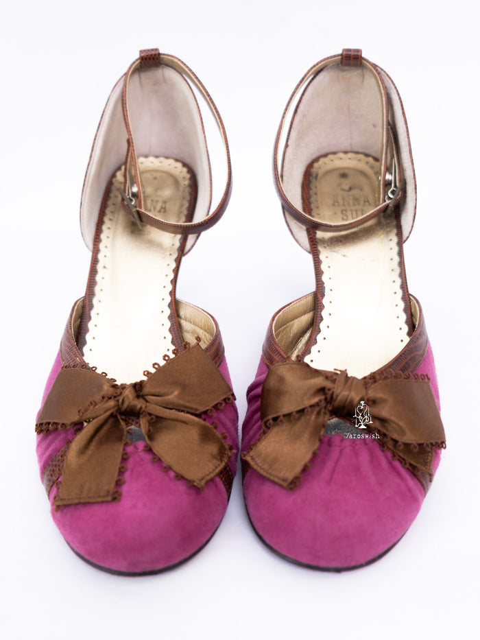 Anna Sui magenta suede ankle-strap heels with brown satin bow and textured trim