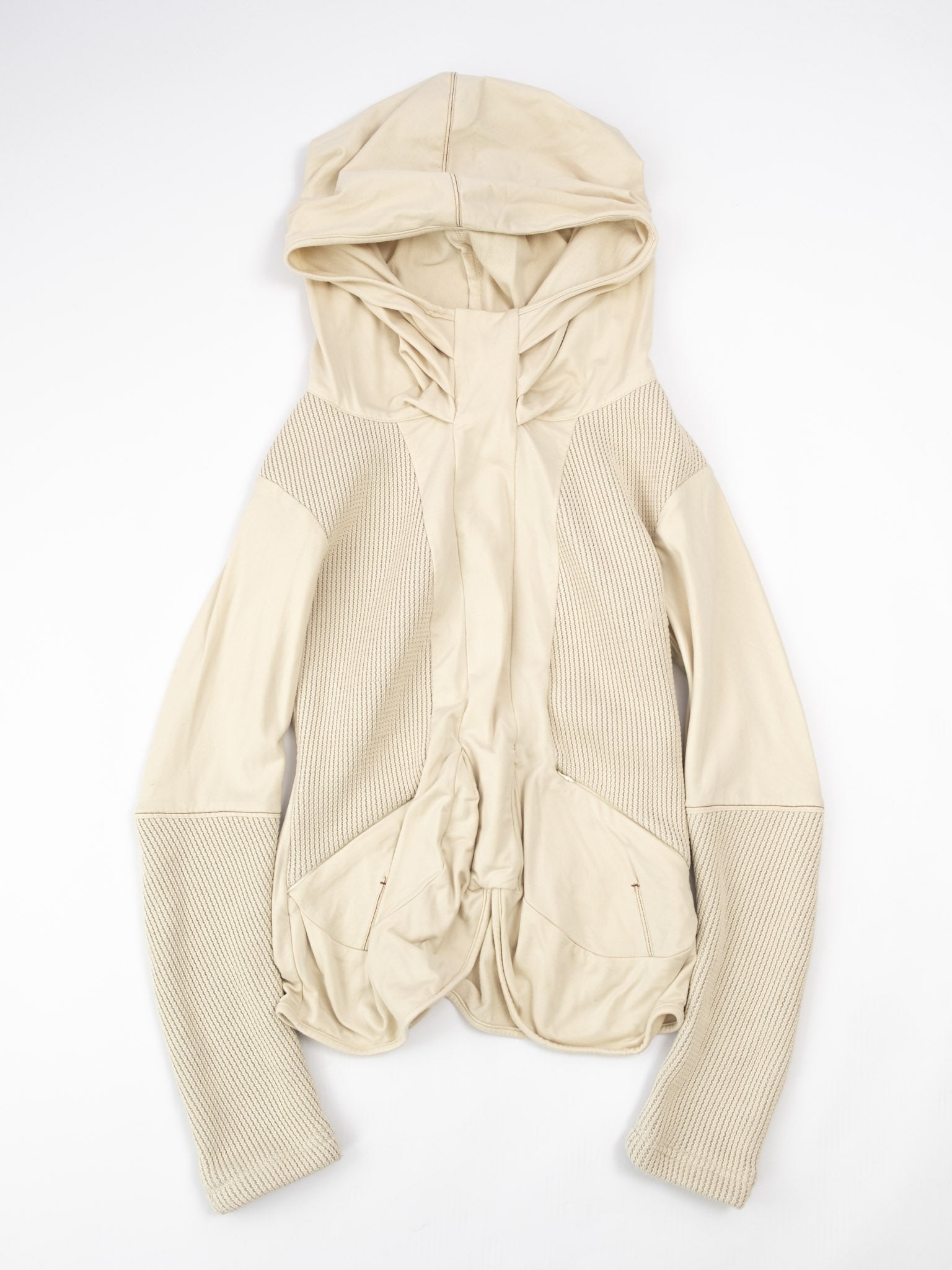 Cream Hooded Jacket with Rib Knit Panels & Sculpted Seaming – Taro's Wish