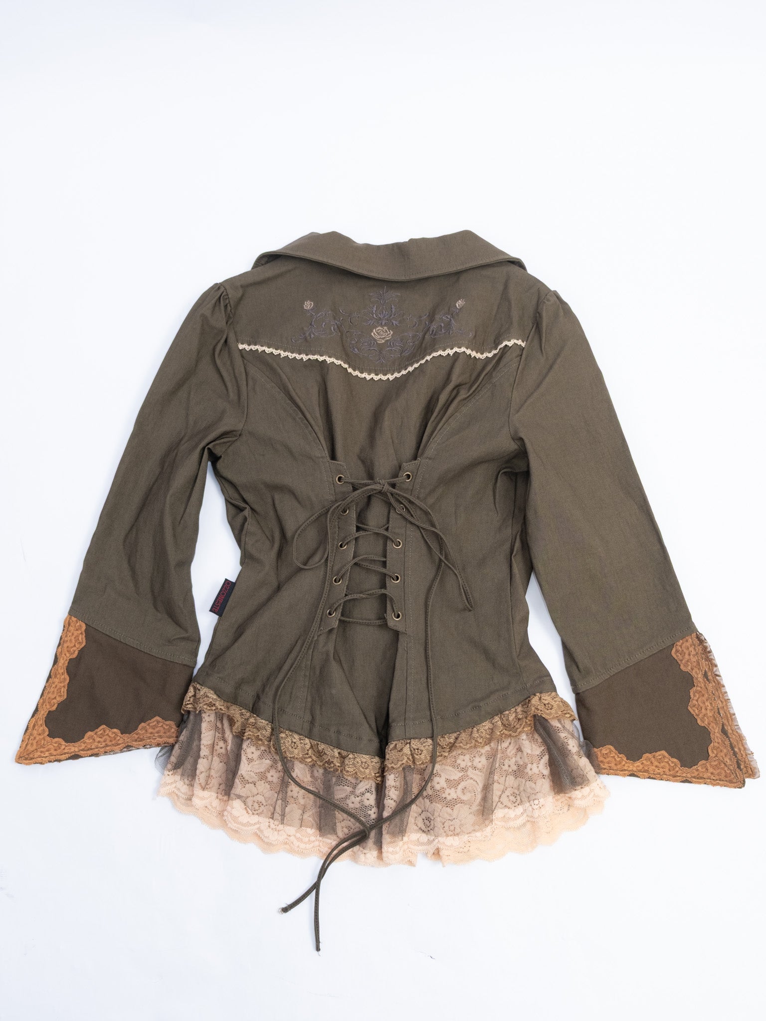 Ozz Japan Olive Lace Trim Corset Zip Jacket with Bell Sleeves and