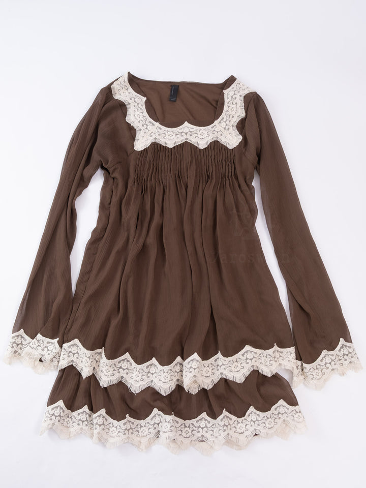 Brown Long Sleeve Boho Maxi Dress | Tiered Ruffle Lace Gown